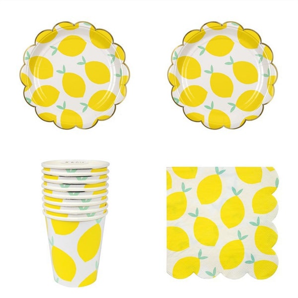 Jaune Citron Jetable Fête Vaisselle Vaisselle Mariage Party Fournitures Assiettes Tasses Mariage Anniversaire Fruits Décorations