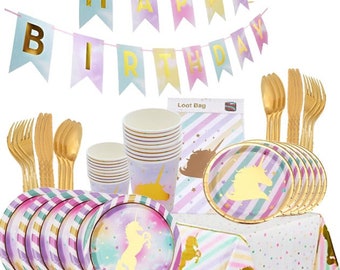 Licorne Party Vaisselle Assiettes Jetables Serviettes Housse de Table Anniversaire Party Fournitures Décorations pour filles et Baby Shower Vaisselle