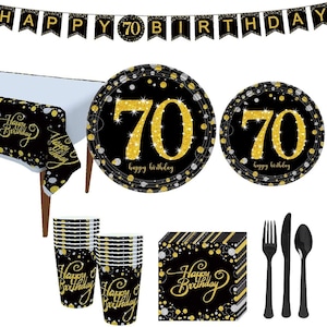 70e verjaardagsfeestservies Zwart en goud Wegwerpservies 70 jaar Decoraties Borden Bannerkopjes Servetten Tafelkleed Bestek