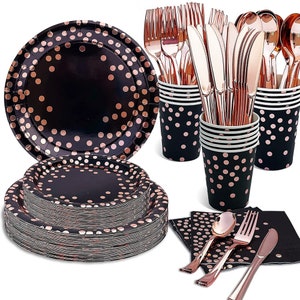 Black Rose Gold Party Tableware Plates Napkins Cup Silverware Wedding Bridal Shower Engagement Birthday Dinnerware Party Supplies Decoration