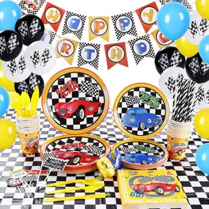 Race Car Party Supplies Disposable Tableware Boys Dinnerware Dessert Cake Plates Napkins Cups Tablecloth Banner Decoration Supplies