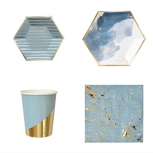 Blue Ink Painting Disposable Party Tableware Dinnerware Wedding Party Supplies Plates Cups Napkins Wedding Birthday Hexagon Decorations