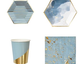 Blue Ink Painting Disposable Party Tableware Dinnerware Wedding Party Supplies Plates Cups Napkins Wedding Birthday Hexagon Decorations