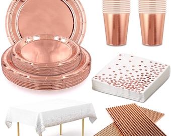 Rose Gold Party Tableware Disposable Birthday Decoration Plates Paper Cups Napkins Straws Wedding Engagement Baby Shower Supplies Dinnerware