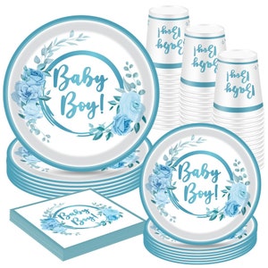 Stoviglie per feste per baby shower Piatti di carta Tovaglioli Decorazioni Tovaglioli floreali blu Tazze Baby Boy Gender Reveal Articoli per feste Stoviglie