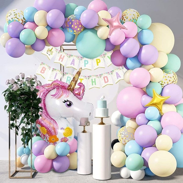 Rainbow Unicorn Balloons Arch Garland Kit Pastel Pink Purple Blue Confetti Balloons Birthday Banner Baby Shower Birthday Party Decorations