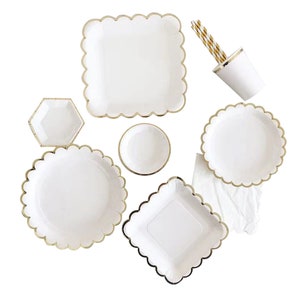 Disposable Party Tableware White Gold Cup Plates Baby Shower Birthday Party Supplies Carnival Wedding Favors Dinnerware Decoration