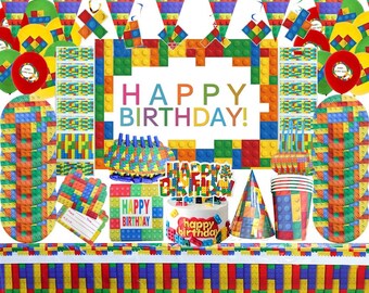 Bloques de construcción Vajilla desechable para fiestas Suministros de cumpleaños Cubiertos Plato Taza Servilletas Mantel Globos Decoración para baby shower Vajilla