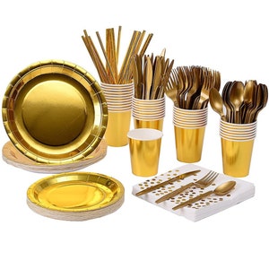 May include: Gold-coloured disposable party supplies including plates, cups, napkins, forks, spoons, knives, and straws.