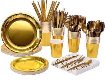 Gold Party Tableware Disposable Birthday Decoration Plates Paper Cups Napkins Straws Wedding Engagement Baby Shower Supplies Dinnerware