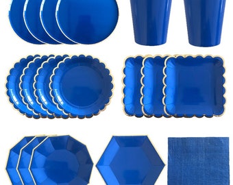 Bleu Jetable Fête Vaisselle Papier Paille Assiettes Baby Shower Fournitures d’anniversaire Favorise Carnaval Mariage Vaisselle Décor