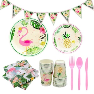 May include: Tropical themed party supplies featuring pink flamingos and pineapples. The set includes paper plates, cups, napkins, and plastic cutlery.