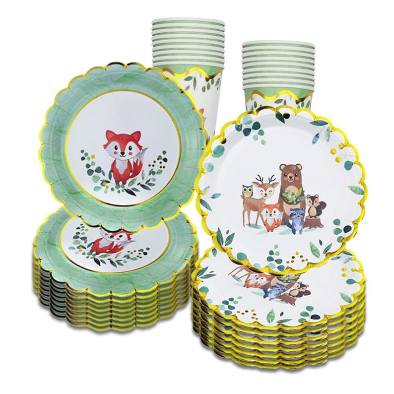 Jungle Forest Animal Disposable Party Tableware Birthday Party Supplies Fox Plates Napkins Wild One 1st Baby Shower Decor