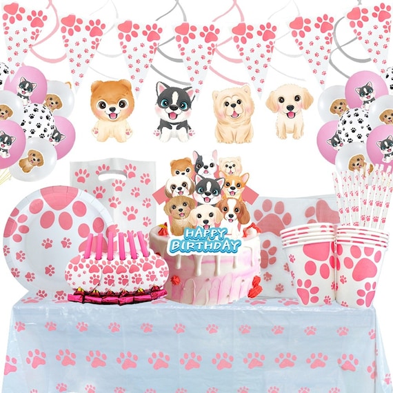 BlinBlin Set di Stoviglie con Zampa di Cane Rosa, Stampe di Zampa di