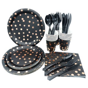 Black Gold Star Party Tableware Plates Napkins Cup Silverware Wedding Bridal Shower Engagement Birthday Dinnerware Party Supplies Decoration