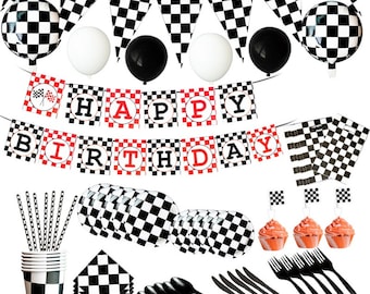 Black White Checkered Racecar Disposable Party Tableware Chess Birthday Supplies Cake Plates Napkins Tablecloth Decorations Dinnerware