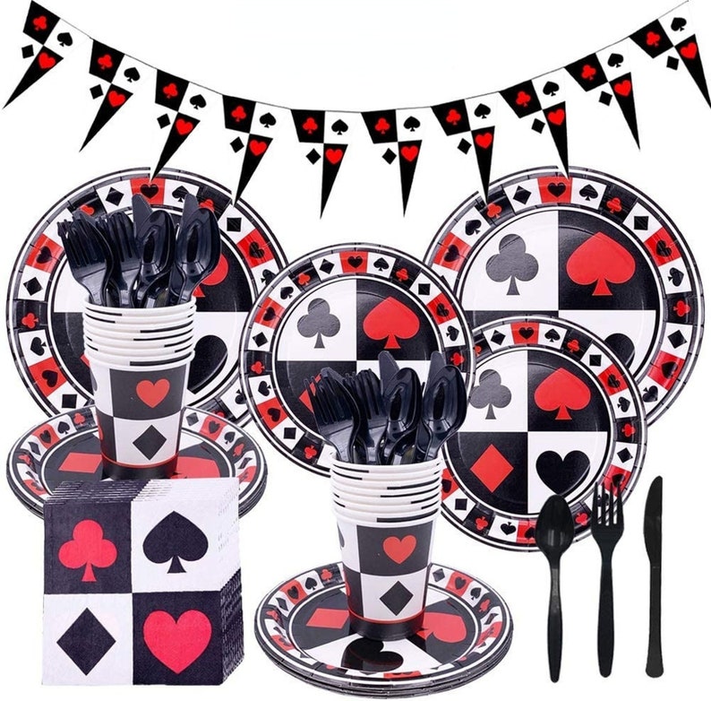 May include: Black and red card-themed party supplies, including plates, cups, napkins, and cutlery. The plates and cups feature a chequered pattern with playing card symbols. The napkins have a chequered pattern with playing card symbols and a red heart.