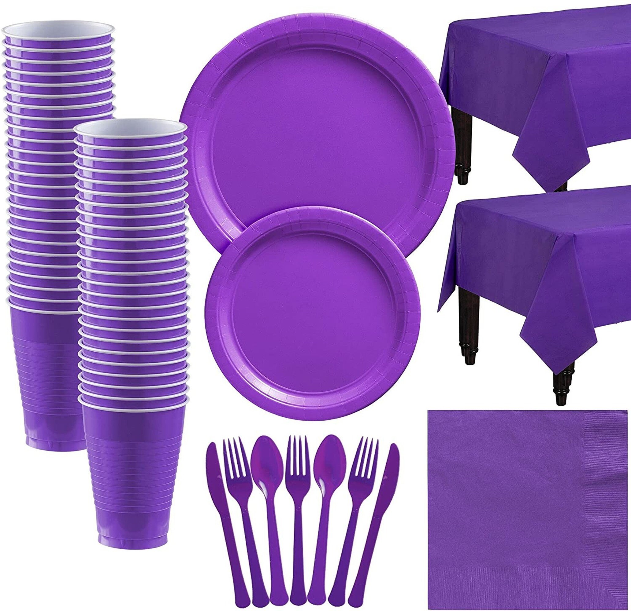 Purple Plastic Party Tableware Set Plates Cups Table Cover Napkin