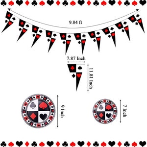 May include: A black and white party banner with red playing card symbols. The banner is 9.84 feet long. There are two round paper plates with a black and white checkered design and red playing card symbols. The larger plate is 9 inches in diameter and the smaller plate is 7 inches in diameter.