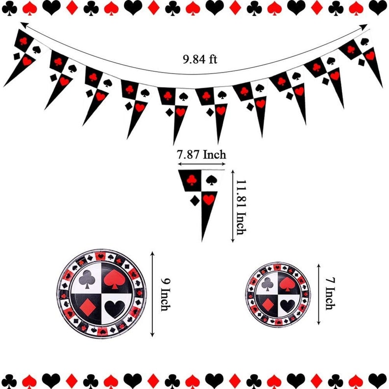 May include: A black and white party banner with red playing card symbols. The banner is 9.84 feet long. There are two round paper plates with a black and white checkered design and red playing card symbols. The larger plate is 9 inches in diameter and the smaller plate is 7 inches in diameter.