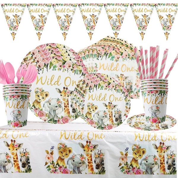 Pink Jungle Animals Party Tableware Safari Wild One Birthday Supplies Decorations Banner Plates Cups Napkins Tablecloth Cutlery Dinnerware