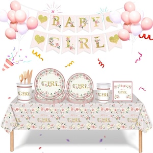 Vaisselle de fête pour baby shower, assiettes en carton, décorations de serviette, serviettes de table à fleurs rose doré, gobelets, articles de fête pour bébé filles, vaisselle