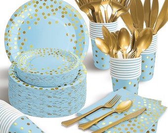 Blue Gold Party Tableware Assiettes Serviettes Tasses Argenterie pour Mariage Mariage Douche Fiançailles Dîner dînatoire Party Supplies Décoration