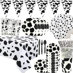 Farm Animal Cow Party Tableware Disposable Dinnerware Birthday Party Supplies Decorations Plates Spoons Forks Knife Cups Napkins Pack