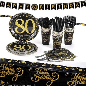80th Birthday Party Tableware Black And Gold Disposable Dinnerware 80 Years Decorations Plates Banner Cups Napkins Tablecloth Cutlery