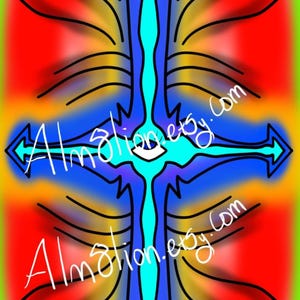 May include: Abstract digital art with a blue, turquoise, and black cross shape with a white eye in the center. The background is a gradient of red, orange, and yellow. The text "Almalion.etsy.com" appears four times in the image.
