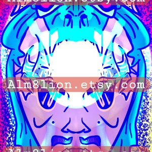 May include: Abstract digital art featuring a stylized face with blue and white accents, set against a vibrant background of red, yellow, and purple. The text "Alm8lion.etsy.com" is repeated throughout the image.