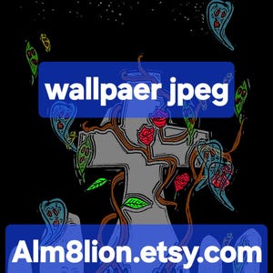 May include: An artistic digital illustration with a black background, featuring a cross with roses, a black crow, and the text "Alm8lion.etsy.com" and "wallpaer jpeg" in blue rectangles. The artwork has a unique, stylized aesthetic.