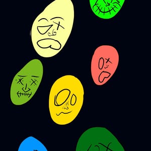 以下が含まれることがあります： 異なる表情をした9つのカラフルな漫画の顔。顔は黒い背景に描かれている。顔は黄色、緑、青、ピンク、赤、オレンジである。