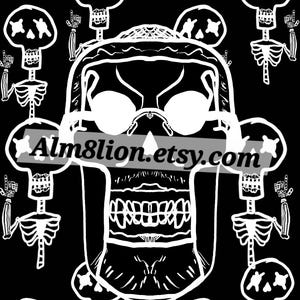 May include: Black and white illustration featuring a repeating pattern of skeleton figures. The skeletons have detailed skulls and rib cages, with some raising their hands. The image includes the text "alm8lion.etsy.com".