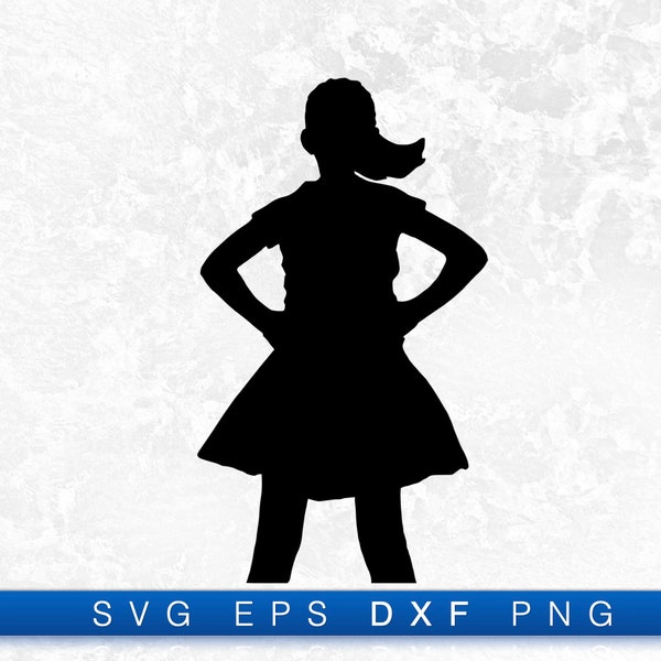 Fearless Girl standing defiantly, with her hands on her hips Silhouette - Printable Digital Design Download Svg, Png, Eps & Dxf