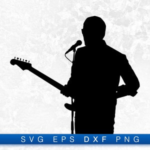 May include: Silhouette of a person holding a guitar and singing into a microphone. The person is facing away from the viewer. The background is a white textured surface.