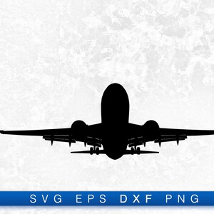 Può includere: Silhouette di un aereo nero in volo, vista frontale. L'aereo è in posizione di decollo con il carrello di atterraggio abbassato.