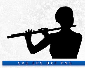 Musician Playing Flute Silhouette - Printable Digital Design Download Svg, Png, Eps & Dxf