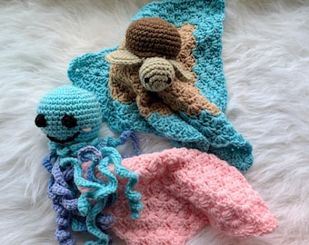 Crochet Baby Lovey – Sea Turtle or Jellyfish Security Blanket, Ocean Animal, Embroidered Face