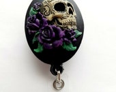 Handmade Royal Purple Rose Skull Badge Reel retractable ID Card Key cameo