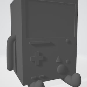 Op de afbeelding: Een grijze, cartoonachtige robot met een scherm, knoppen en benen. De robot is gemaakt van een stevig, 3D-geprint materiaal.