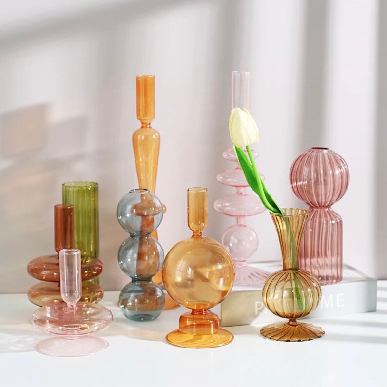 Colorful Retro Vintage Glass Candlestick Holders Bohemian Etsy