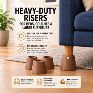 以下が含まれることがあります： ベッドやソファ用の茶色の頑丈な家具用ライザー4個セット。ライザーは、家具の脚を収容するための凹んだ上部を備えた先細りの円形デザインです。画像内のテキストには「HEAVY-DUTY RISERS FOR BEDS, COUCHES & LARGE FURNITURE」と記載されています。