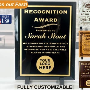 Recognition Award Plaques, Customizable Appreciation Awards, Personalized Achievement Gifts, Gold Award Plaque, Multiple Sizes and Materials