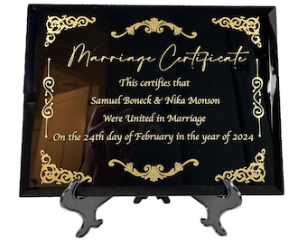 Black Glass Marriage Certificate, Anniversary Gift For Her, Wedding Anniversary Gift For Wife, Wedding Certificate, Marriage License Frame