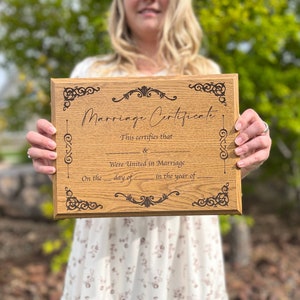 Eiche Heiratsurkunde Plakette, perfektes Jubiläumsgeschenk, Heiratsurkunde, personalisierte 9x12 Plakette, benutzerdefinierte Eiche Finish!