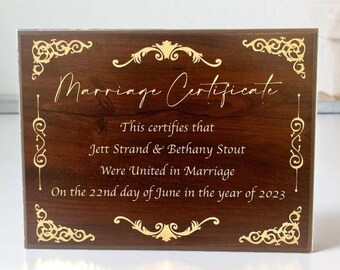Custom Marriage Certificate Plaque, Certificate of Marriage Sign, Perfect Marriage Gift for New Couples and Anniversaries, 9x12 inch