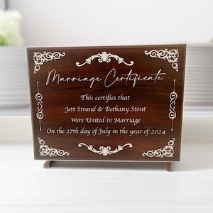 Heiratszertifikat Plakette, personalisiertes Hochzeitsgeschenk, benutzerdefinierte Heiratsurkunde Halter, Ehegelübde Erneuerung Zertifikat
