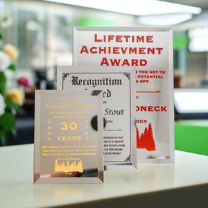 Customizable Glass Award Plaques, Personalized Award Trophy, Engraved Glass Award, Awards and Trophies, Mirror Plaque Trophy,  No Fee