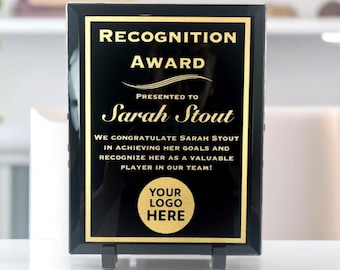 Ford 1l5z 15607 Aa Crown Awards Employee Of The Year Plaque Award, 6x8 Personalized Recognition White Metal Trophy Plate On Black Marble Plaque With Custom Engraving Prime Plaques Personalized